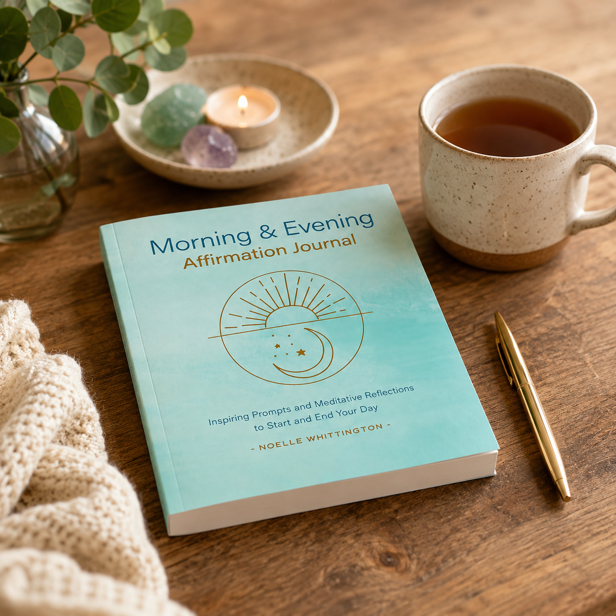 Morning & Evening Affirmation Journal paperback by Noelle Whittington displayed on a tabletop beside tea, a pen, crystals, and soft textiles, creating a peaceful daily reflection space for morning intention-setting and evening mindfulness — for Carpe Diem Dream