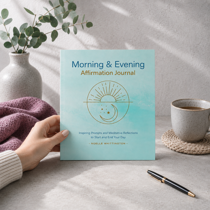 Morning & Evening Affirmation Journal paperback by Noelle Whittington displayed upright with a hand, ceramic tea cup, black pen, eucalyptus stems, and mauve textile, providing realistic size reference for daily morning and evening reflection practices — for Carpe Diem Dream