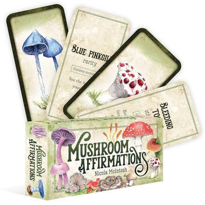 A mushroom affirmations card deck with box, multiple illustrated cards, and card backs displayed on a clean white background. — for Carpe Diem Dream