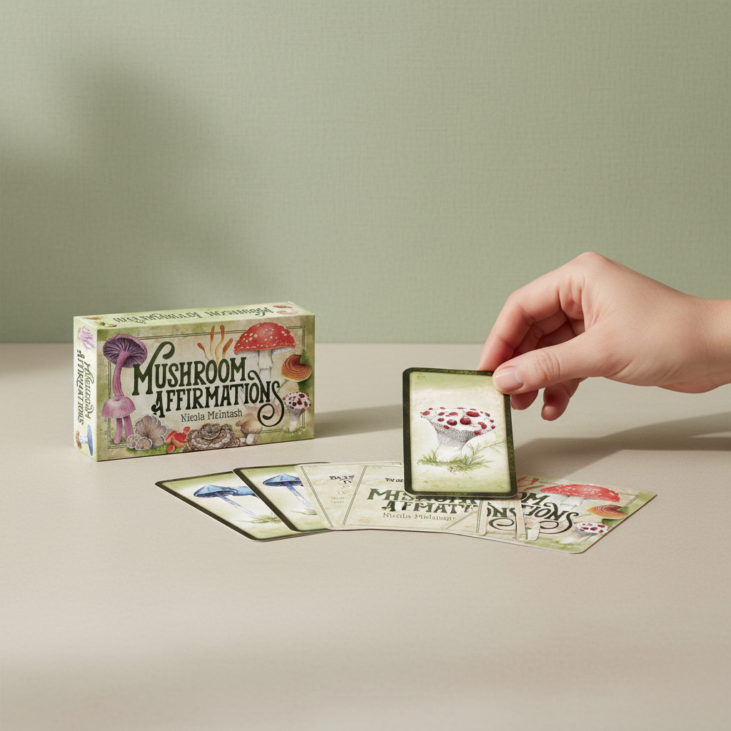 A mushroom affirmations card deck displayed with cards spread out while a hand selects one card against a soft neutral background. — for Carpe Diem Dream