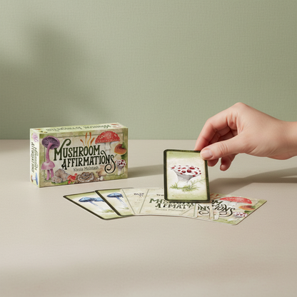 A mushroom affirmations card deck displayed with cards spread out while a hand selects one card against a soft neutral background. — for Carpe Diem Dream