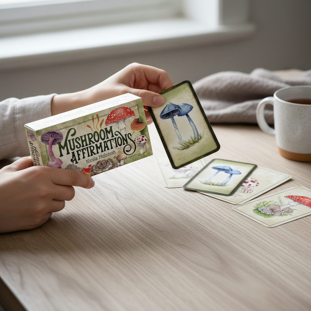 Hands holding a mushroom affirmations card beside the deck on a wooden table with a cup of tea and soft natural window light. — for Carpe Diem Dream