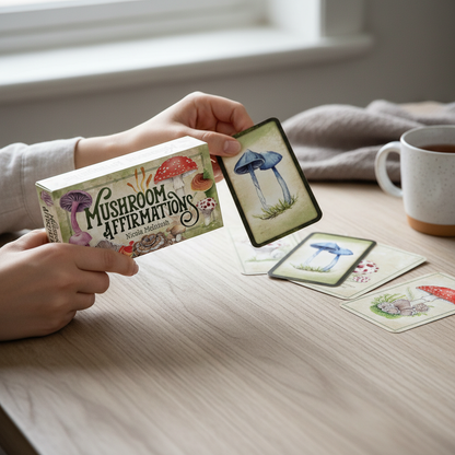 Hands holding a mushroom affirmations card beside the deck on a wooden table with a cup of tea and soft natural window light. — for Carpe Diem Dream