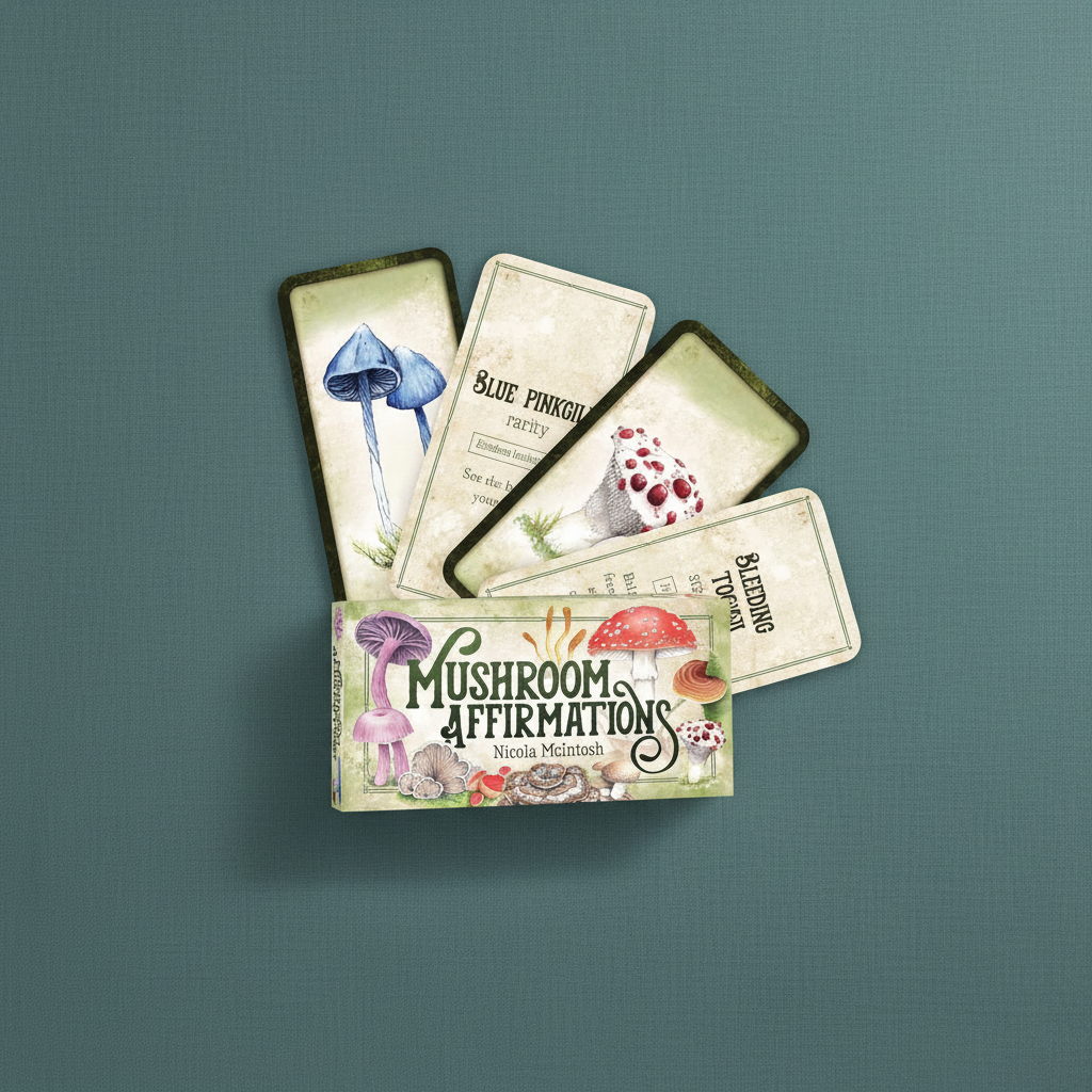 A mushroom affirmations card deck with illustrated cards fanned behind the box on a muted teal linen surface with soft natural light. — for Carpe Diem Dream