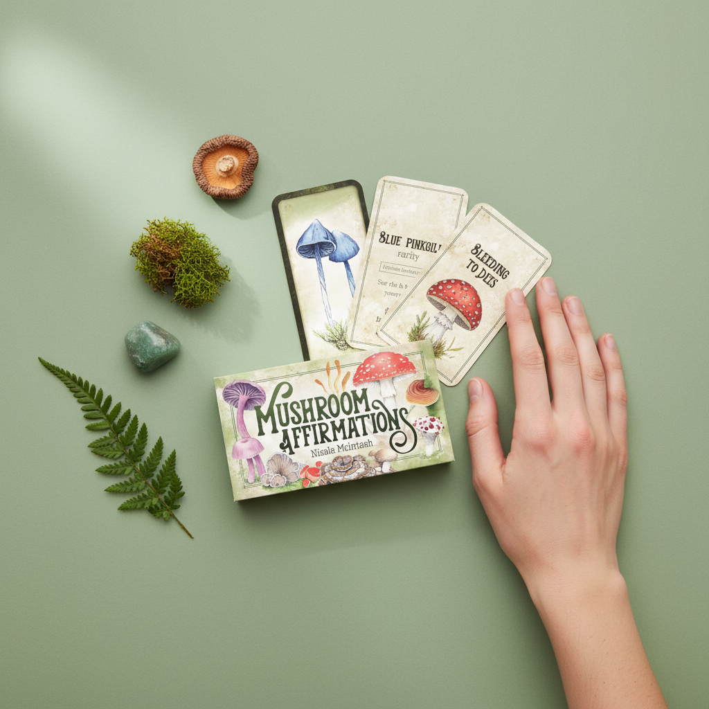 A mushroom affirmations card deck with cards spread out beside a hand for size reference on a soft green background. — for Carpe Diem Dream