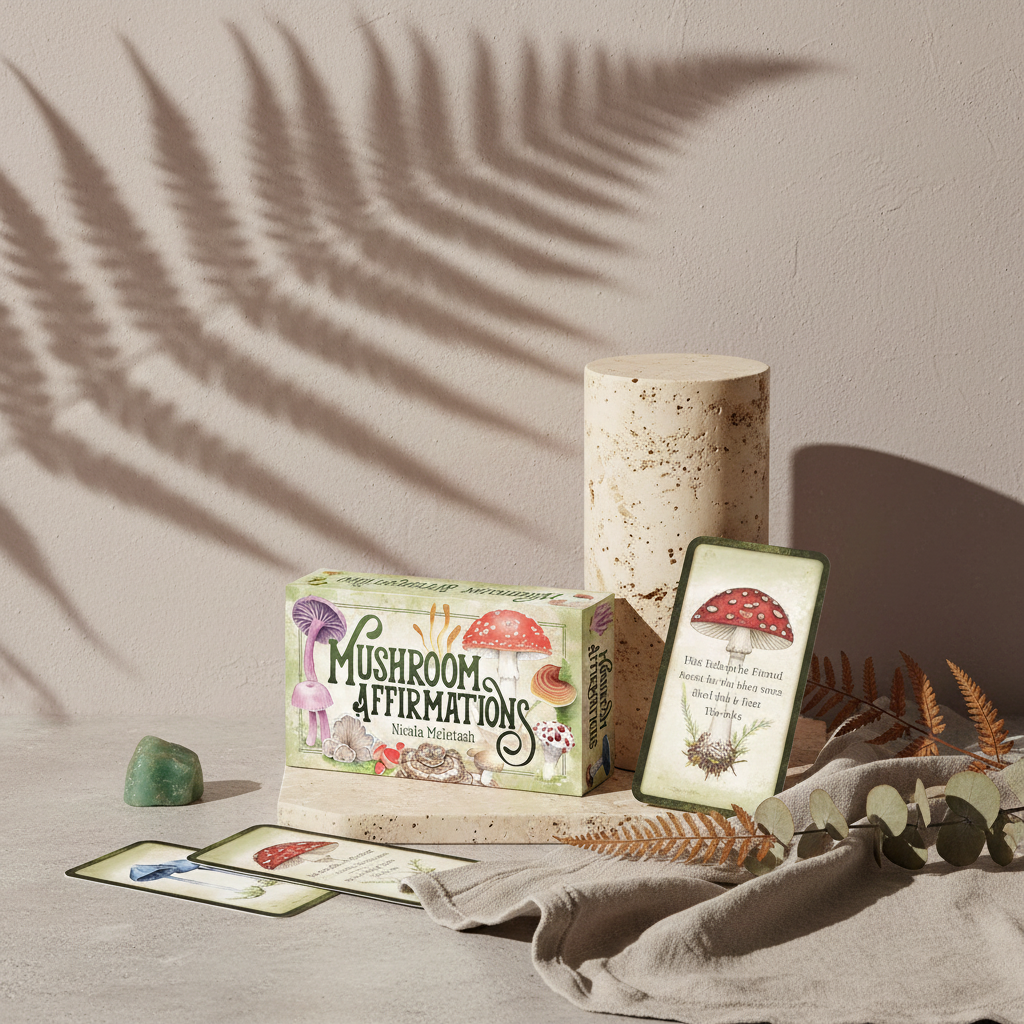 A mushroom affirmations card deck displayed with illustrated cards, natural botanicals, and a travertine pedestal casting soft leaf shadows on a neutral background. — for Carpe Diem Dream