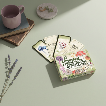 A mushroom affirmations card deck displayed with cards fanned out beside a mug, books, and soft botanical elements on a muted green surface in natural light. — for Carpe Diem Dream