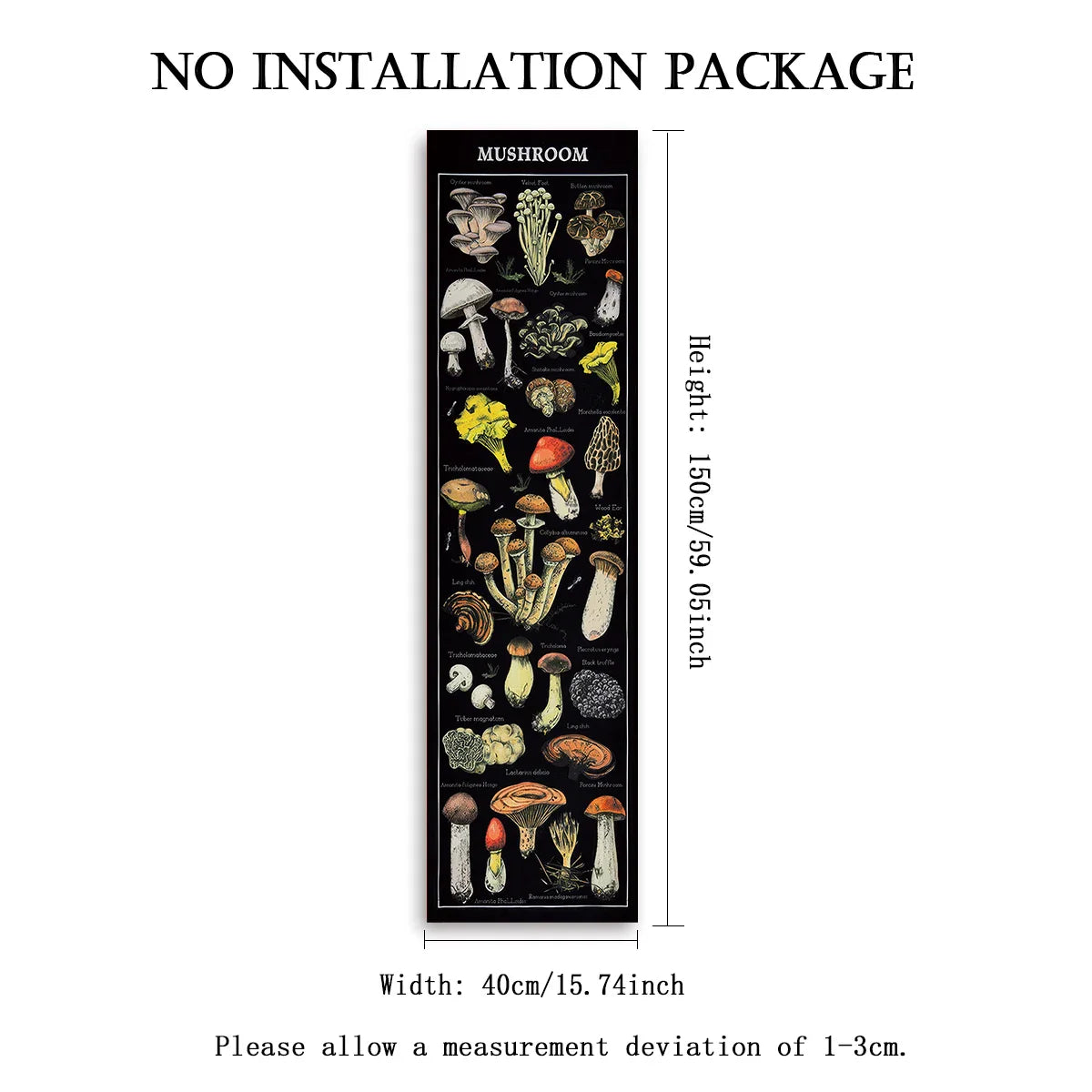 Mushroom botanical banner tapestry supplier image showing illustrated fungi design with labeled dimensions of 59.06 inches height and 15.74 inches width on a white background. — for Carpe Diem Dream