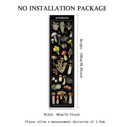 Mushroom botanical banner tapestry supplier image showing illustrated fungi design with labeled dimensions of 59.06 inches height and 15.74 inches width on a white background. — for Carpe Diem Dream
