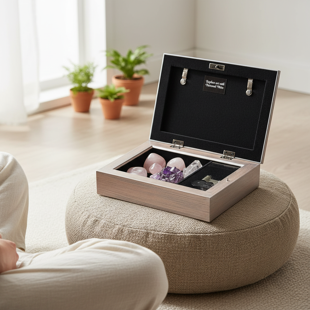 Crystal Keepsake Music Box displayed open on a beige meditation cushion surrounded by soft natural light and healing crystals, creating a serene and mindful atmosphere – for Carpe Diem Dream.