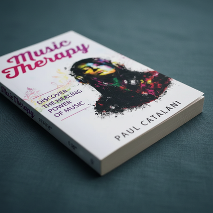 Close-up view of Music Therapy: Discover The Healing Power Of Music by Paul Catalani showing the cover artwork and paperback format on a textured teal background. — for Carpe Diem Dream