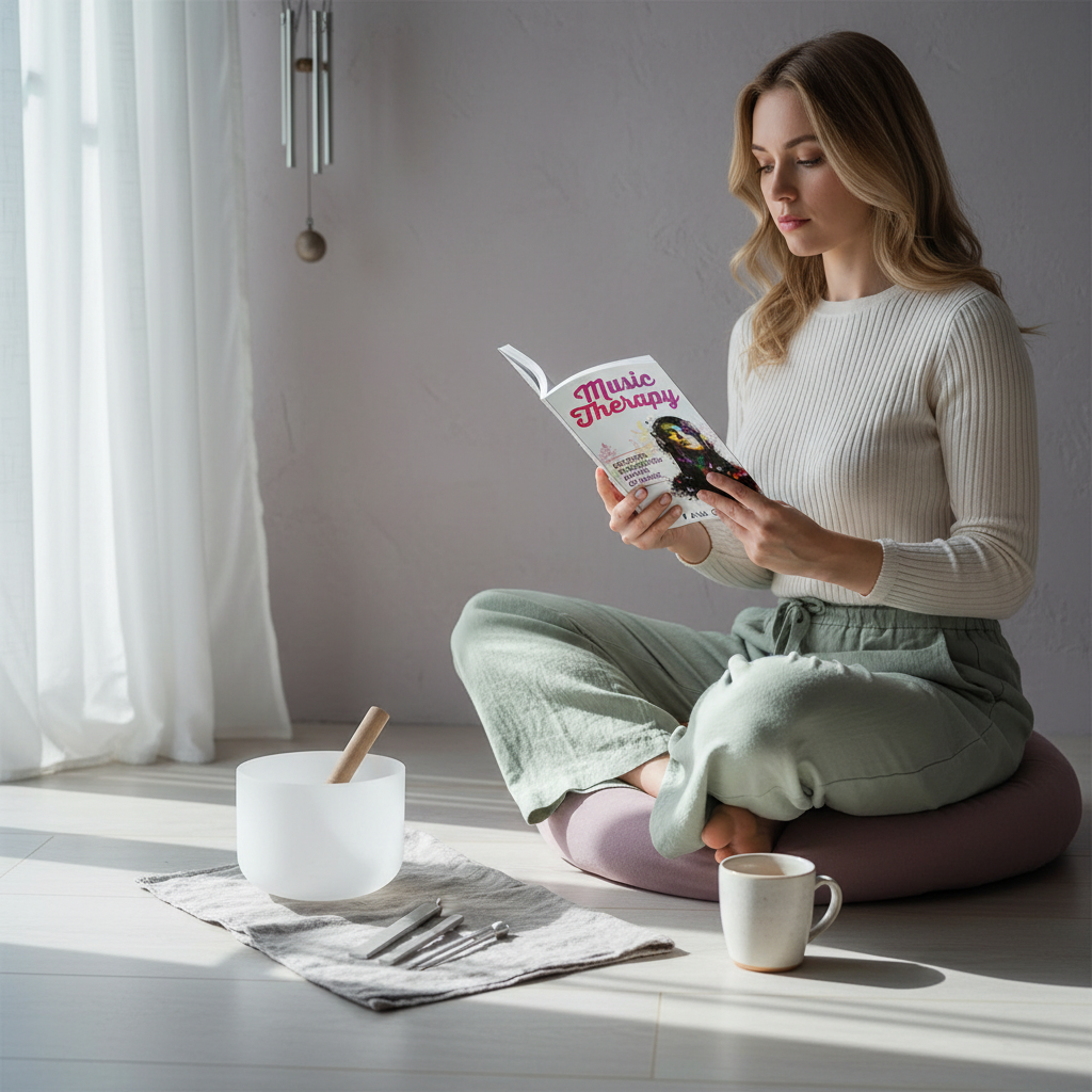 Person reading Music Therapy: Discover The Healing Power Of Music by Paul Catalani in a peaceful wellness space with a crystal singing bowl and meditation cushion. — for Carpe Diem Dream