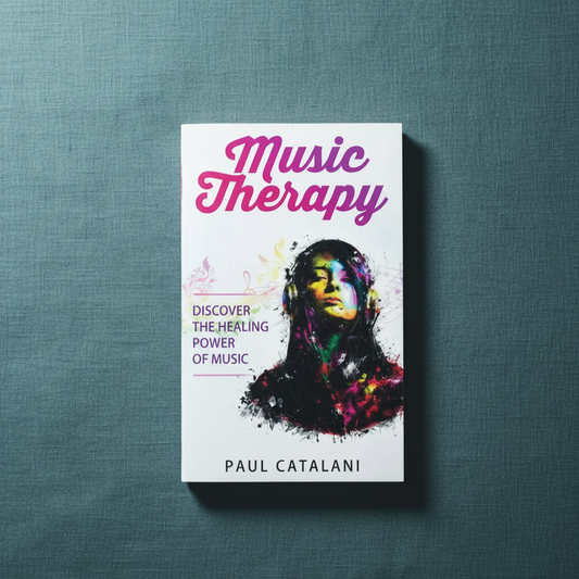 Cover of Music Therapy: Discover The Healing Power Of Music by Paul Catalani displayed on a textured teal linen background. — for Carpe Diem Dream