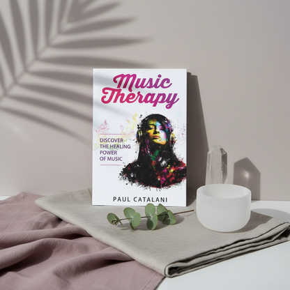 Music Therapy: Discover The Healing Power Of Music by Paul Catalani displayed with crystals, a singing bowl, eucalyptus, and soft textiles in a wellness-inspired setting. — for Carpe Diem Dream