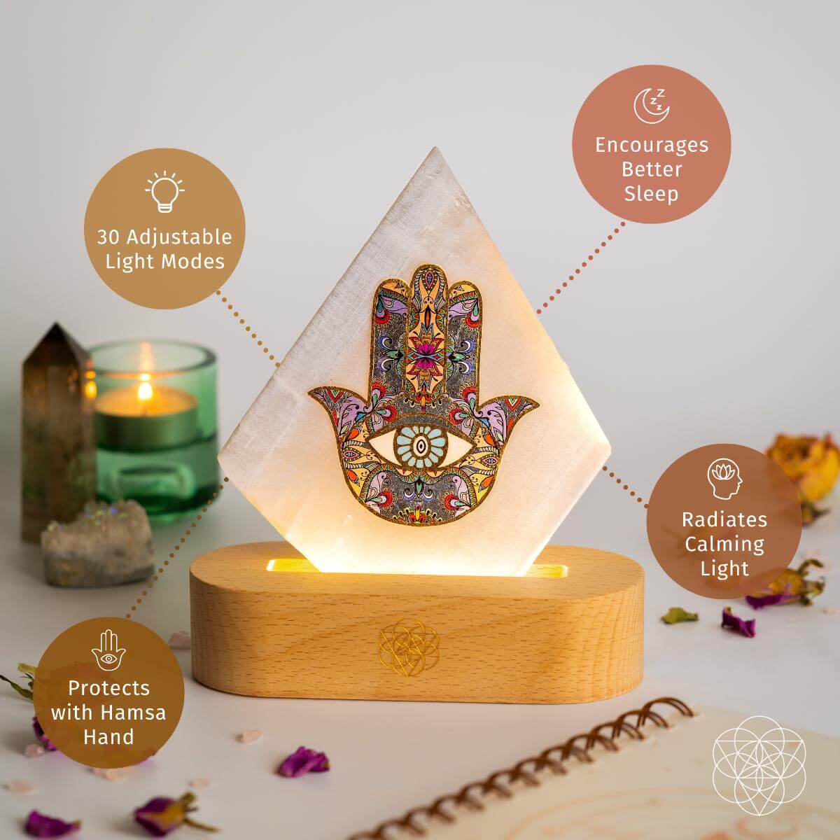 Decorative lamp with Hamsa hand design on a wooden base, surrounded by candles and crystals.