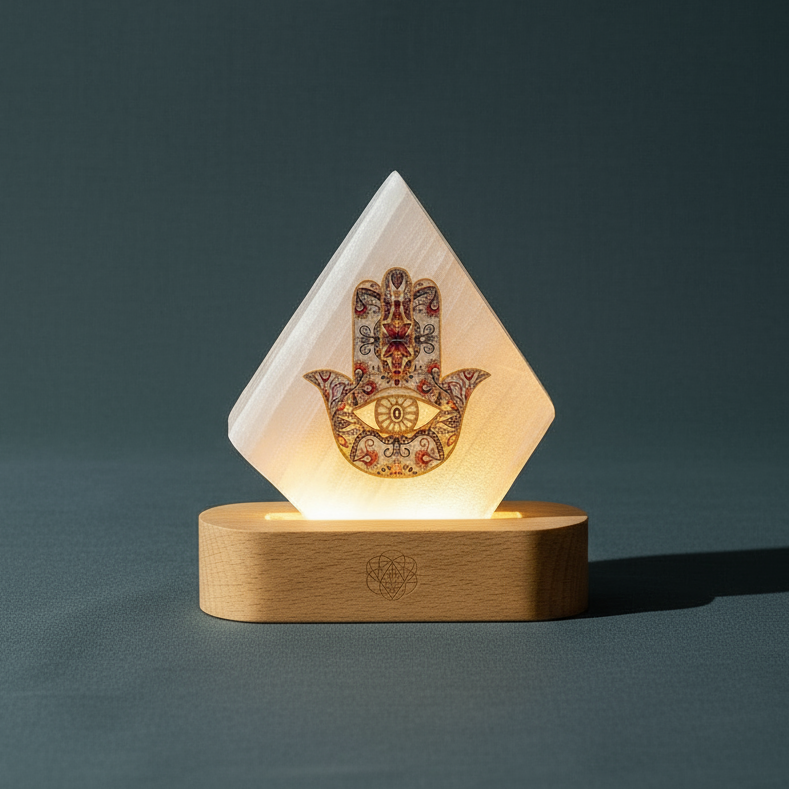 My Aura Spa Mood Lamp of Rejuvenation glowing softly on a matte teal background, featuring a golden hamsa design – for Carpe Diem Dream.