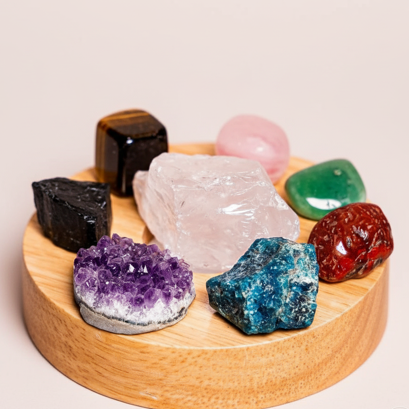 Raw crystal lamp with eight colorful stones arranged on round wood pedestal in warm close-up view. — for Carpe Diem Dream