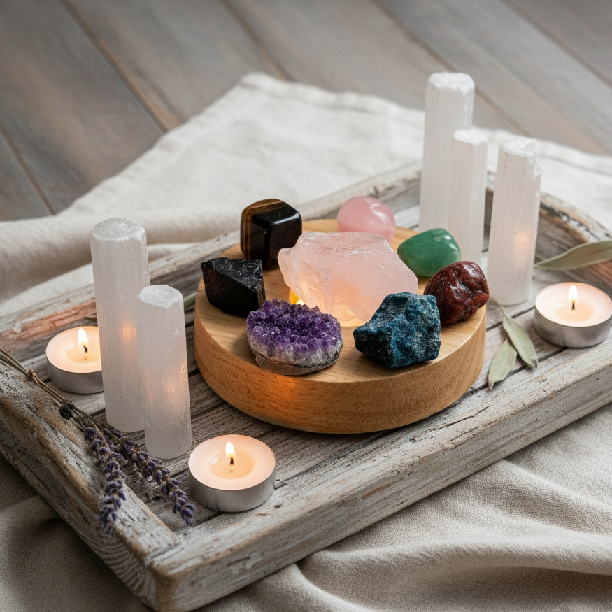 Raw crystal lamp arranged on rustic tray with lavender sprigs and candlelight beside soft fabric backdrop. — for Carpe Diem Dream