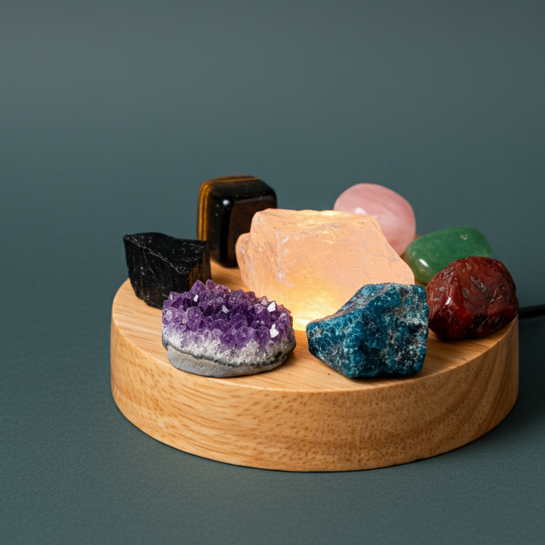 Raw crystal energy lamp with eight colorful stones arranged on round wooden base against soft teal background. — for Carpe Diem Dream