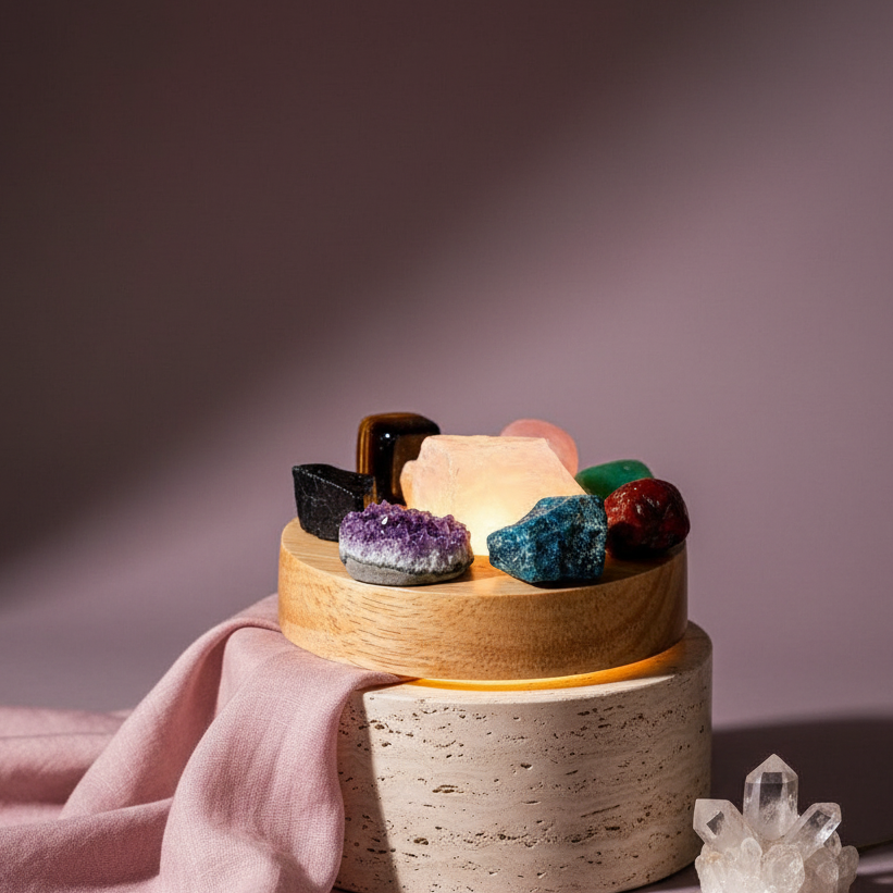 Raw crystal lamp with eight colorful stones resting on stone pedestal with soft mauve fabric and warm lighting. — for Carpe Diem Dream