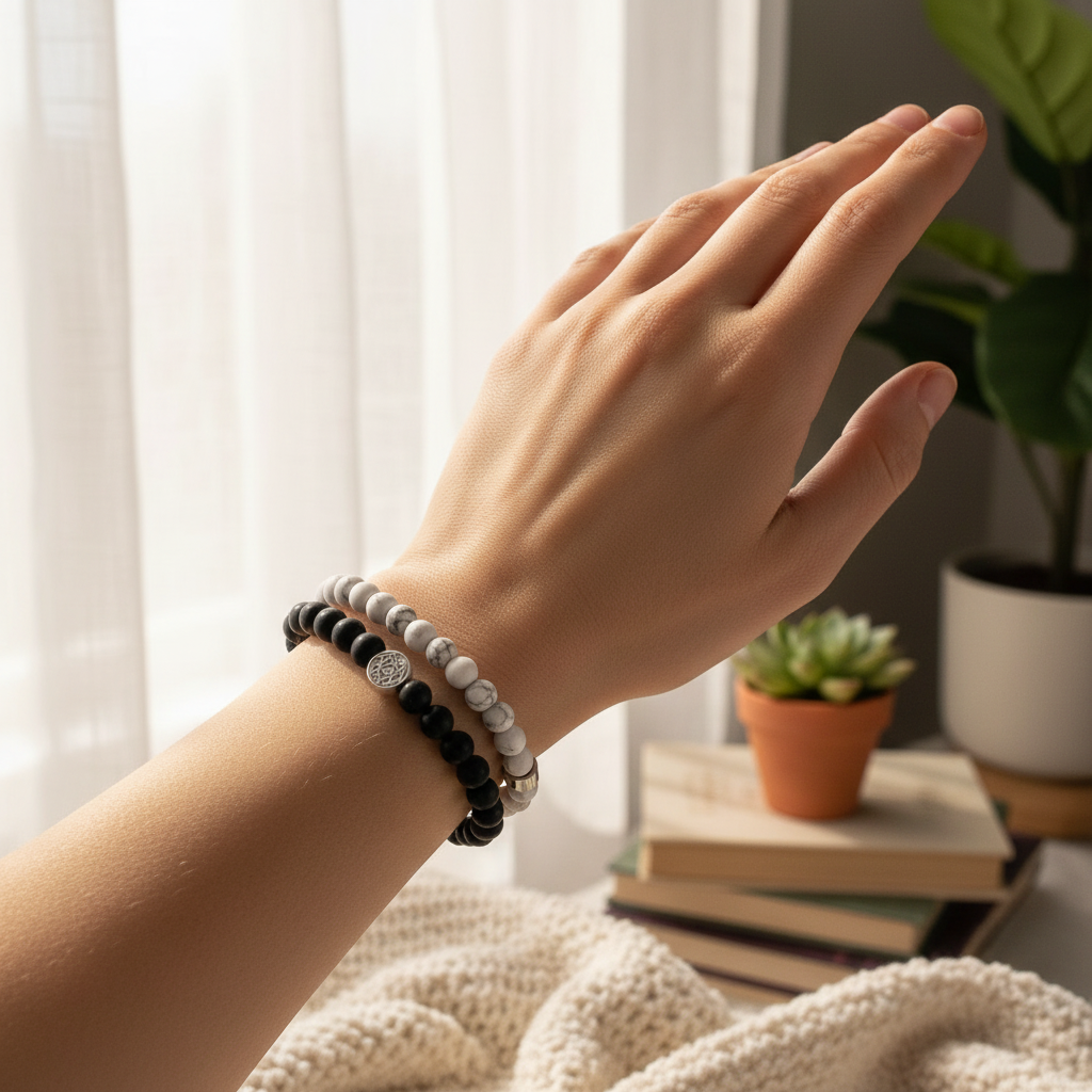 A hand wearing a pair of black and white gemstone bracelets reaches toward soft window light beside books and a small potted plant. — for Carpe Diem Dream