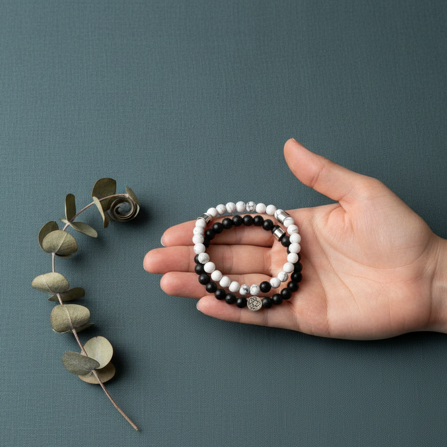 A pair of black and white gemstone bracelets rests on a muted teal textured surface beside a sprig of eucalyptus with a hand holding one bracelet. — for Carpe Diem Dream