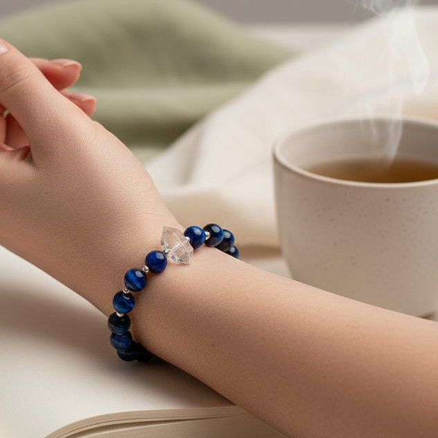 Negativity Filter gemstone bracelet worn on wrist beside steaming mug on soft blush surface. — for Carpe Diem Dream