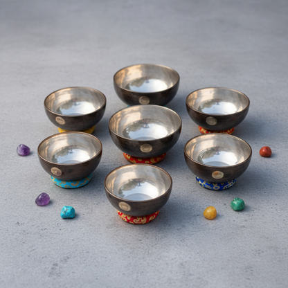 Seven chakra singing bowls arranged in a circular formation with embroidered cushions and small chakra stones displayed on a neutral stone surface. — for Carpe Diem Dream