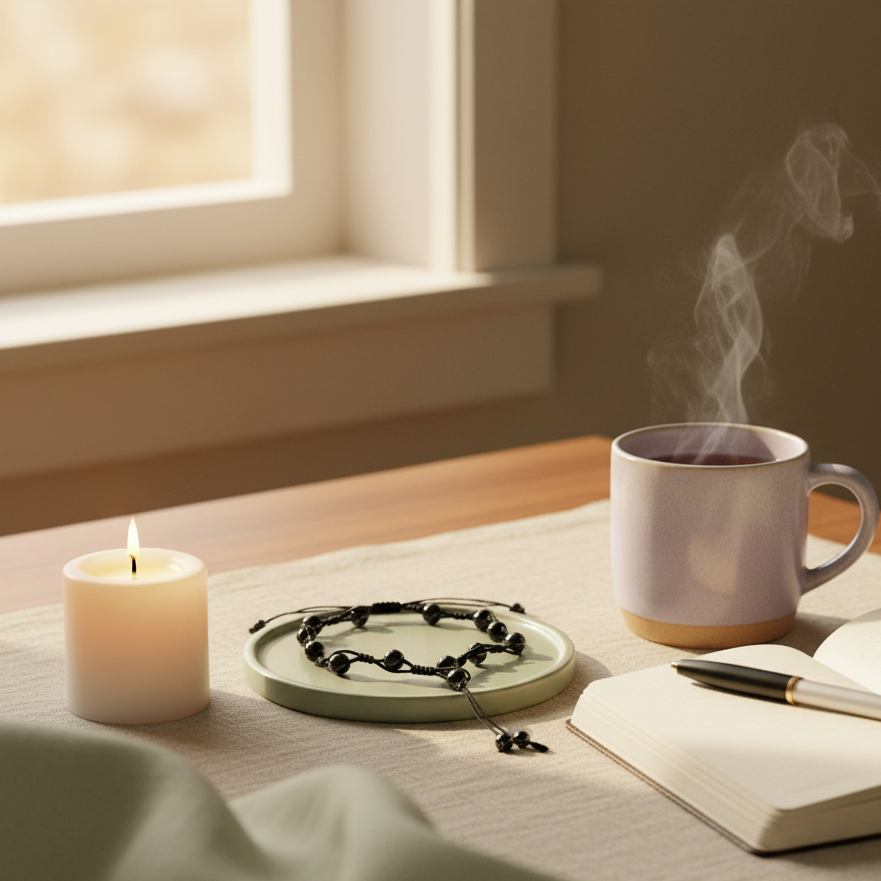 Obsidian grounding anklet resting beside a candle, cup of tea, and open journal on a bedside table in warm morning light – for Carpe Diem Dream.