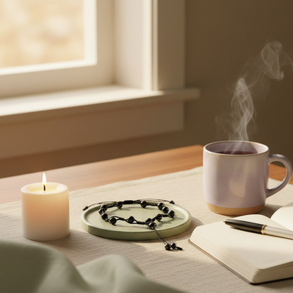 Obsidian grounding anklet resting beside a candle, cup of tea, and open journal on a bedside table in warm morning light – for Carpe Diem Dream.