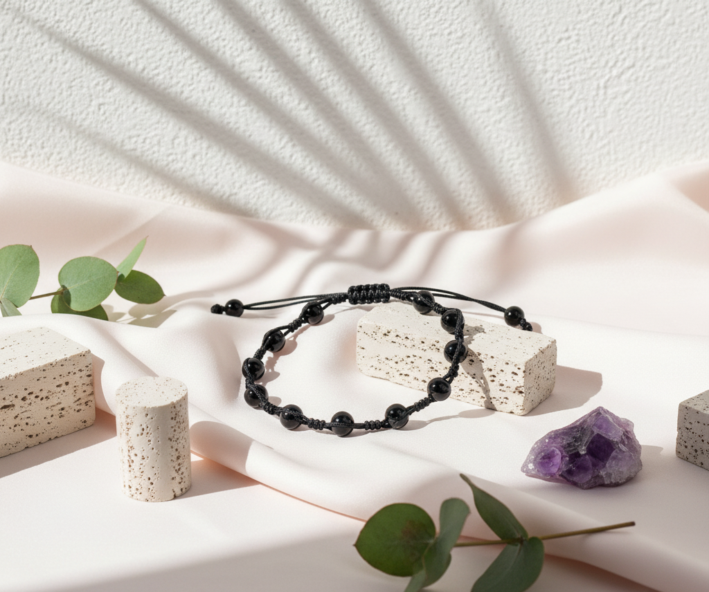 Obsidian grounding anklet displayed on blush-white silk with travertine stone, amethyst crystal, and eucalyptus sprigs in soft daylight – for Carpe Diem Dream.