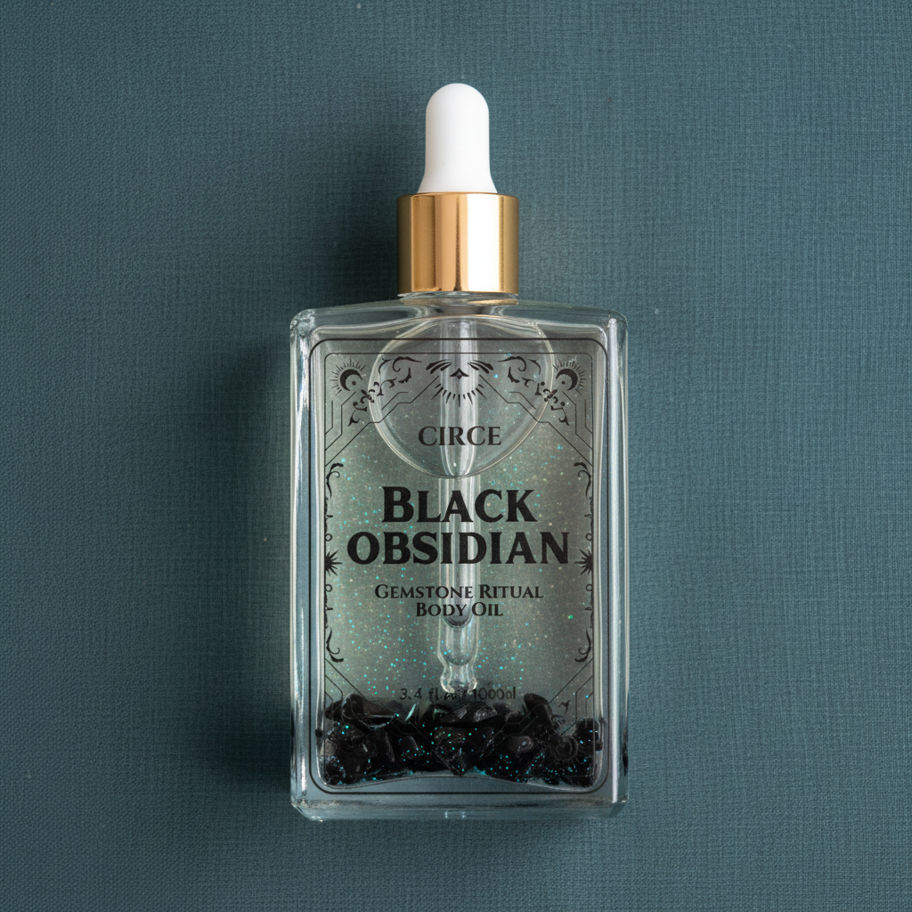 Close-up view of Black Obsidian Ritual Body Oil glass dropper bottle showing black obsidian crystals inside the bottle. — for Carpe Diem Dream
