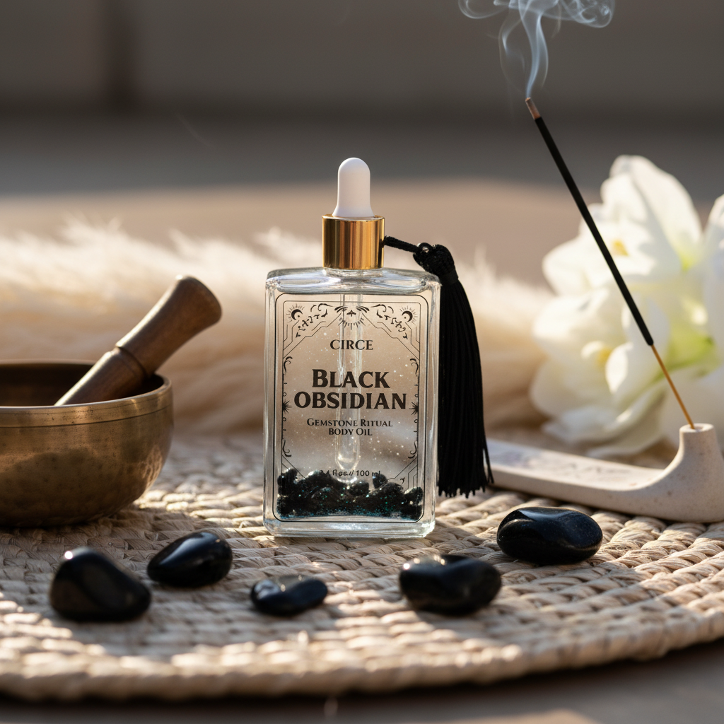 Black Obsidian Ritual Body Oil glass dropper bottle displayed with incense smoke, obsidian stones, and a singing bowl in a peaceful meditation setting. — for Carpe Diem Dream