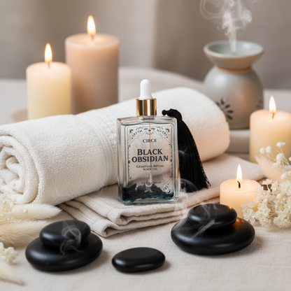 Black Obsidian Ritual Body Oil glass dropper bottle displayed with spa candles, hot stones, folded towels, and incense in a calming spa setting. — for Carpe Diem Dream