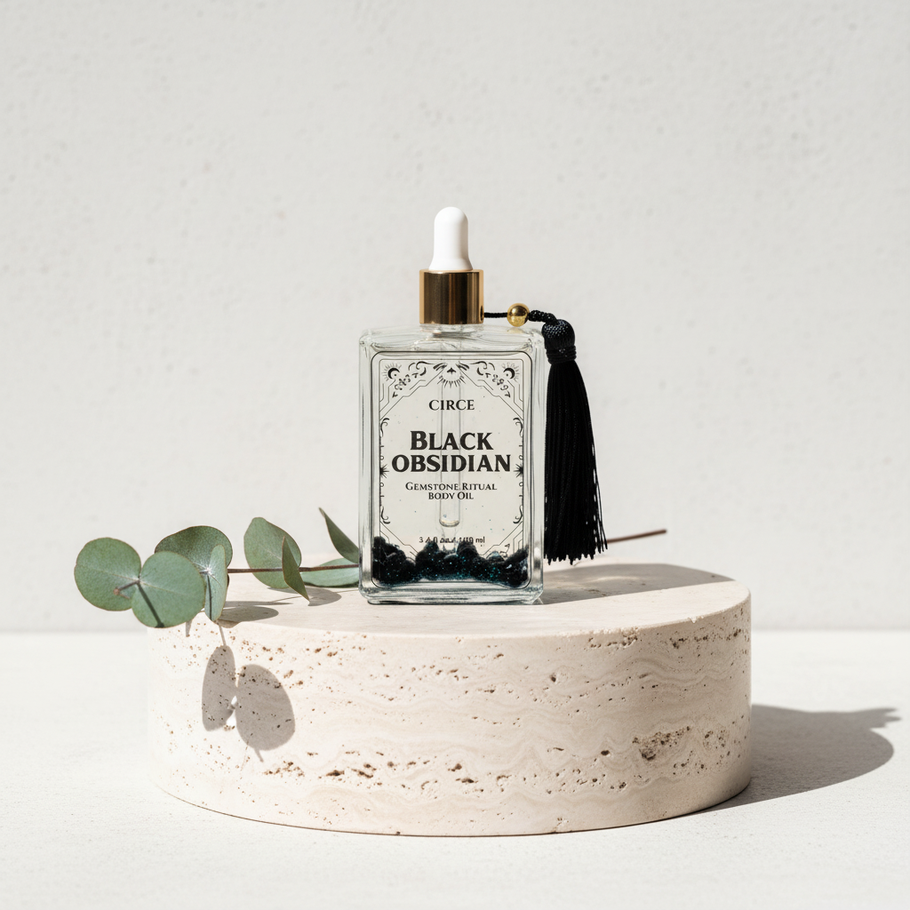 Black Obsidian Ritual Body Oil glass dropper bottle displayed on a travertine pedestal with eucalyptus leaves and soft botanical shadows. — for Carpe Diem Dream