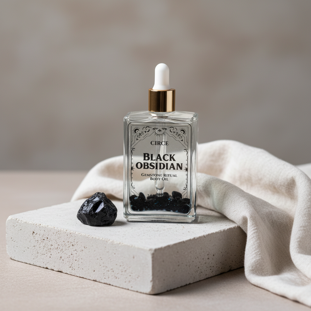 Black Obsidian Ritual Body Oil glass dropper bottle displayed on a stone pedestal with black obsidian crystal and soft linen cloth. — for Carpe Diem Dream