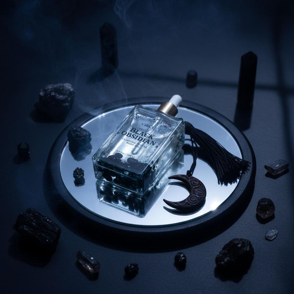 Black Obsidian Ritual Body Oil glass bottle displayed on a mirrored tray surrounded by obsidian crystals and ritual objects in a dark mystical setting. — for Carpe Diem Dream
