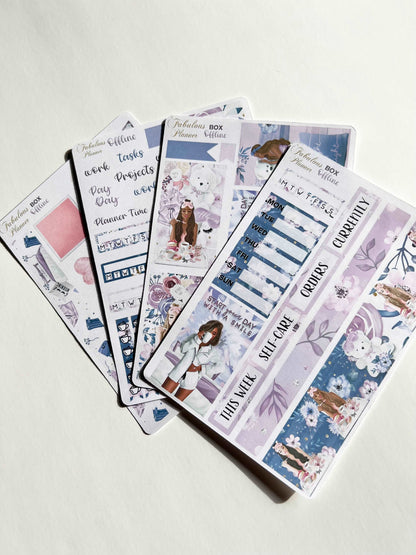 Four 4x6 offline self-care planner sticker sheets featuring fashion illustrations and wellness-themed headers arranged on a neutral background. — for Carpe Diem Dream