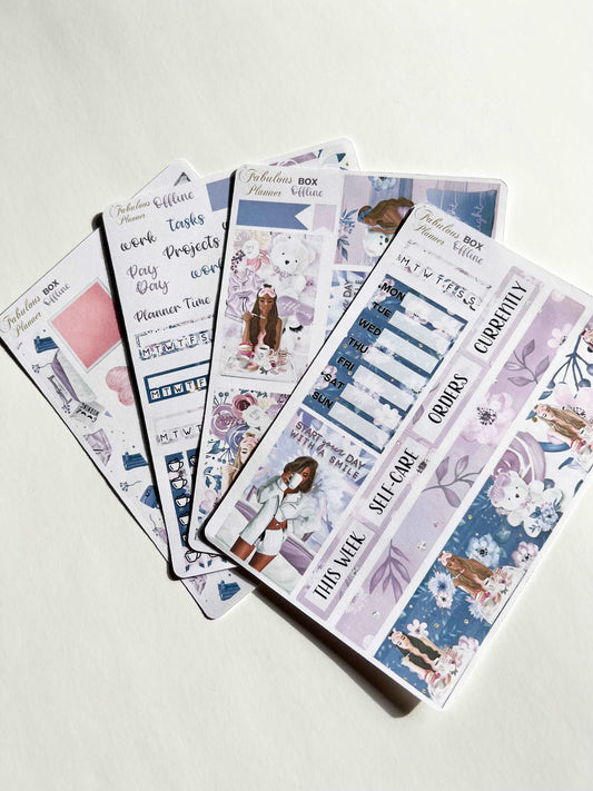 Four 4x6 offline self-care planner sticker sheets featuring fashion illustrations and wellness-themed headers arranged on a neutral background. — for Carpe Diem Dream