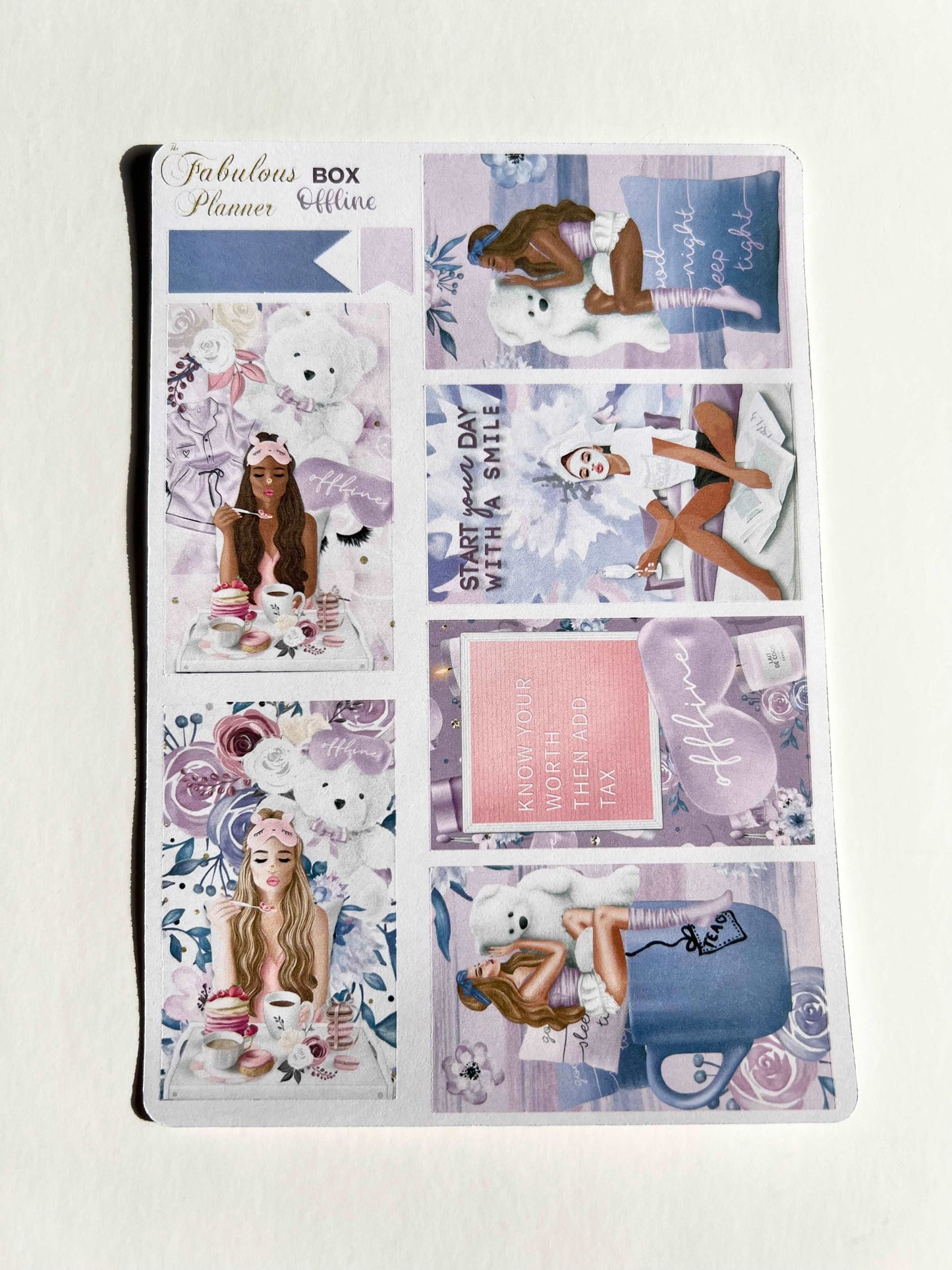 4x6 offline self-care planner sticker sheet featuring fashion illustrations, pastel wellness scenes, and decorative planning boxes on a neutral background. — for Carpe Diem Dream