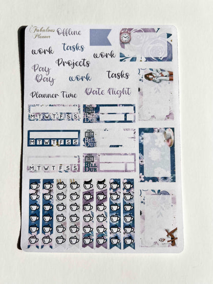 4x6 offline self-care planner sticker sheet featuring scripted task labels, weekly headers, checklist icons, and pastel decorative boxes on a neutral background. — for Carpe Diem Dream