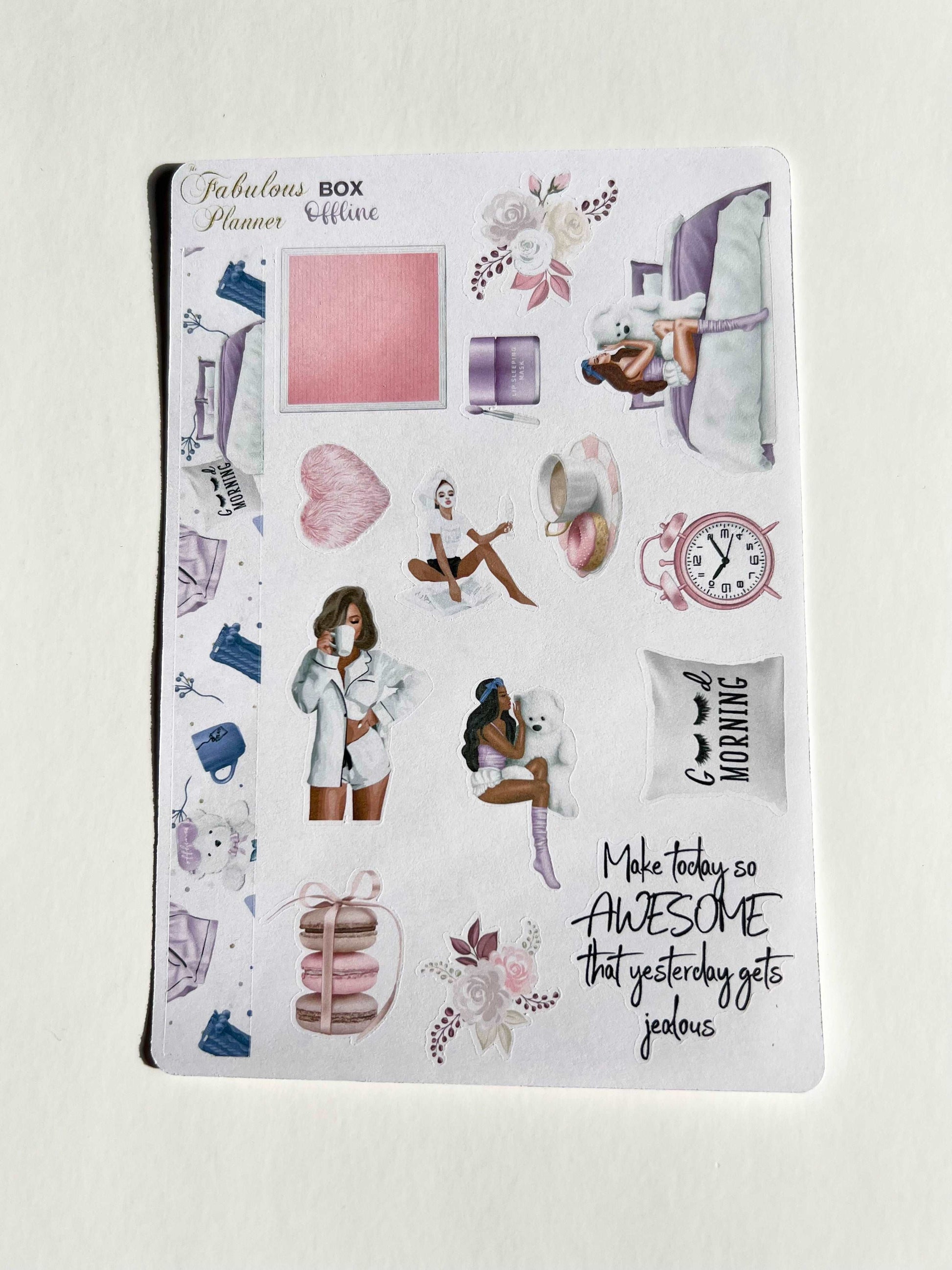 4x6 offline self-care planner sticker sheet featuring illustrated women, cozy self-care scenes, clocks, hearts, and motivational script on a neutral background. — for Carpe Diem Dream