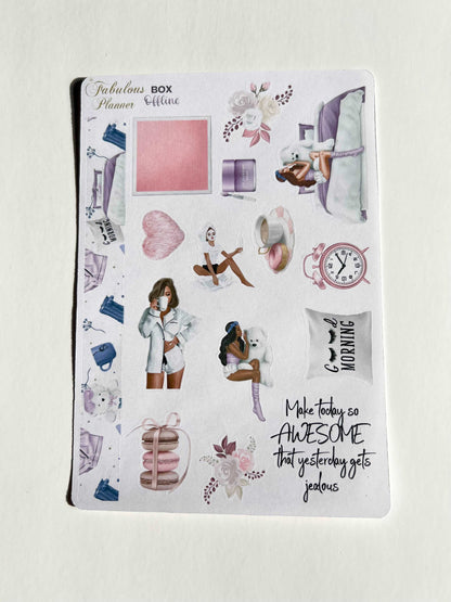 4x6 offline self-care planner sticker sheet featuring illustrated women, cozy self-care scenes, clocks, hearts, and motivational script on a neutral background. — for Carpe Diem Dream