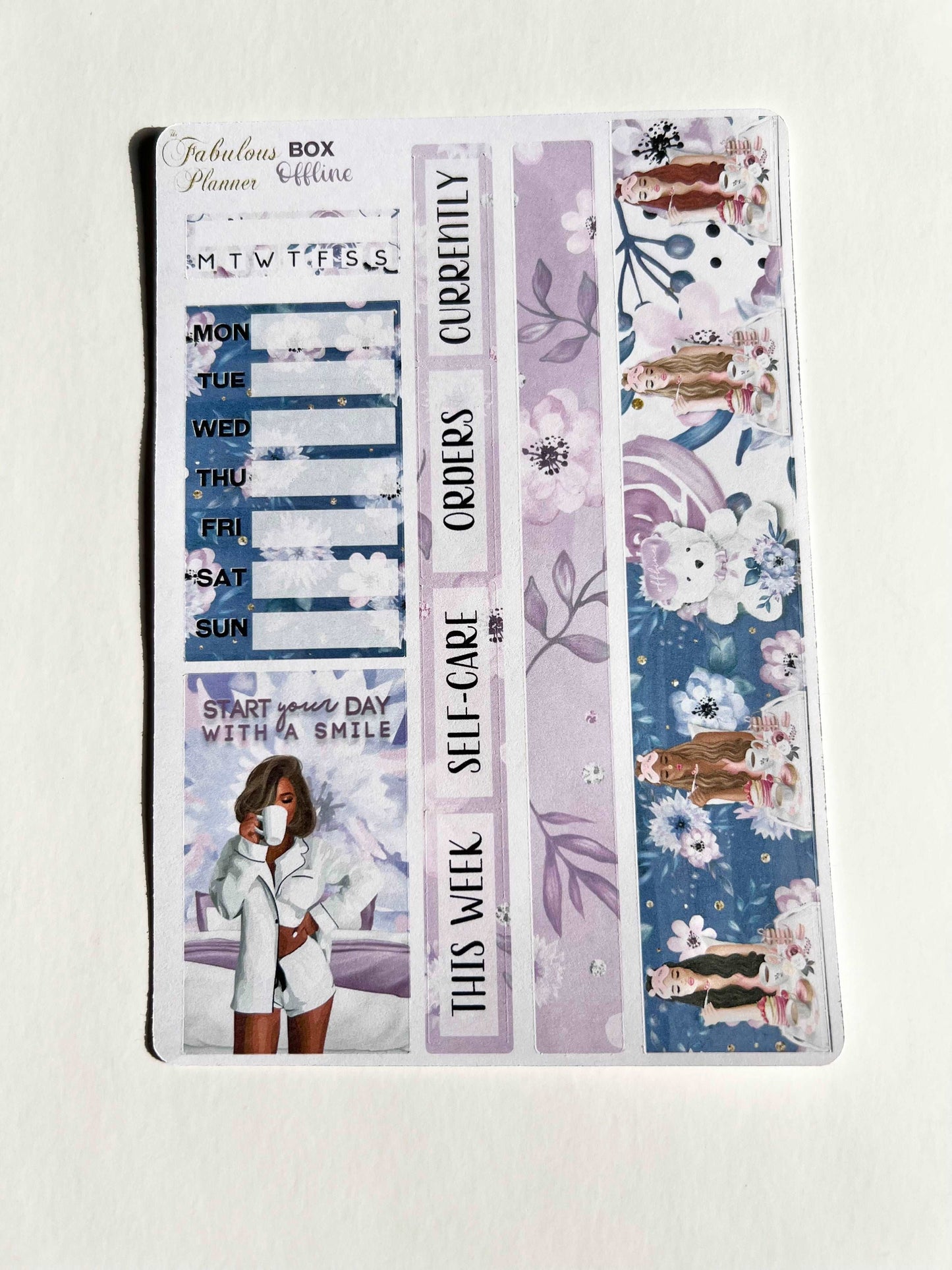 4x6 offline self-care planner sticker sheet featuring weekly sidebar labels, self-care headers, floral accents, and illustrated women on a neutral background. — for Carpe Diem Dream