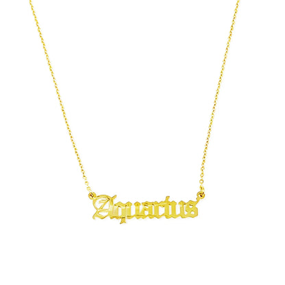 Gold Old English Zodiac Aquarius Necklace with astrology lettering on white background for Carpe Diem Dream