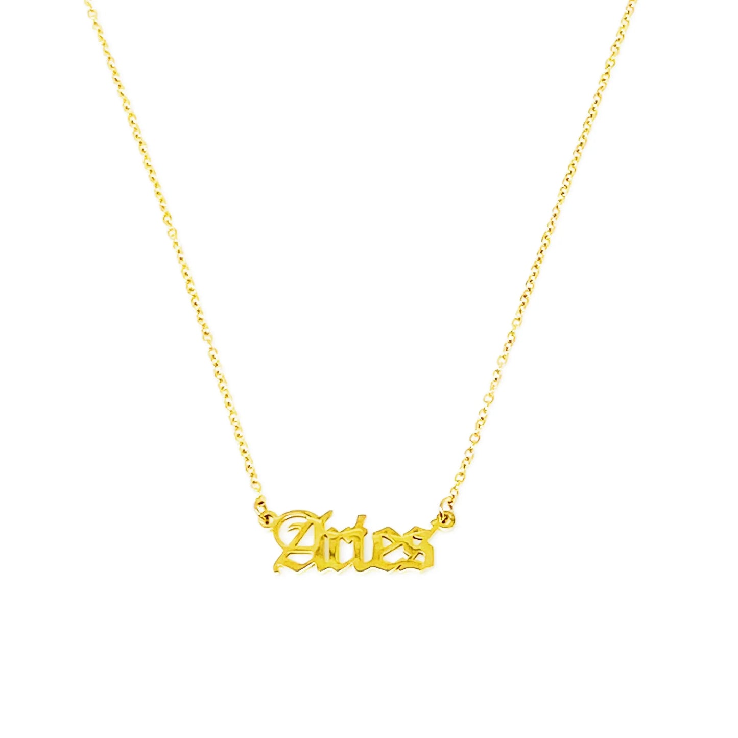 Gold Old English Zodiac  Aries Necklace with astrology lettering on white background for Carpe Diem Dream