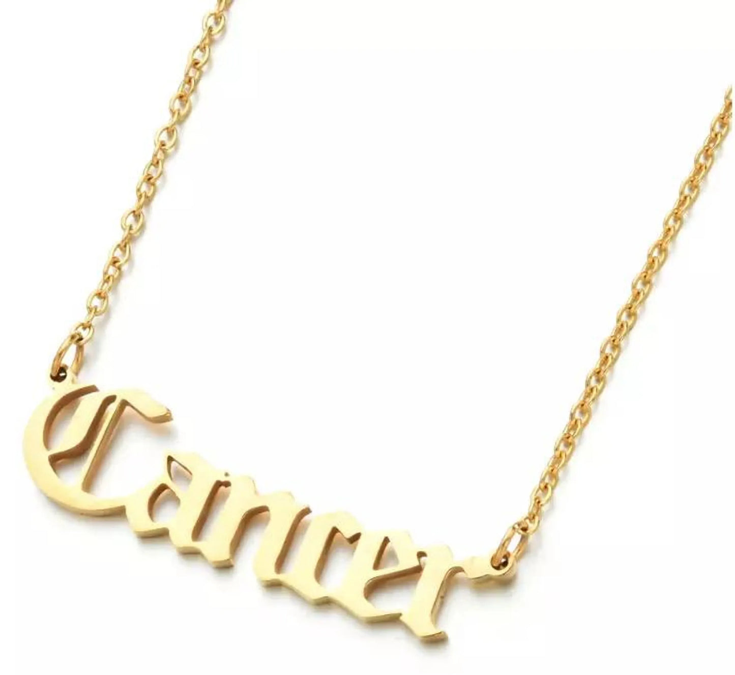Gold Old English Zodiac Cancer Necklace with astrology lettering on white background for Carpe Diem Dream