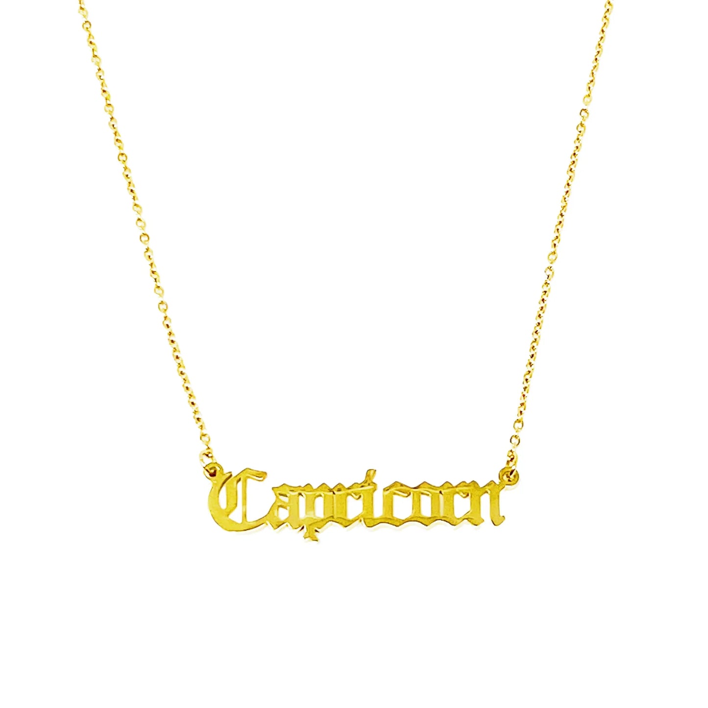 Gold Old English Zodiac Capricorn Necklace with astrology lettering on white background for Carpe Diem Dream