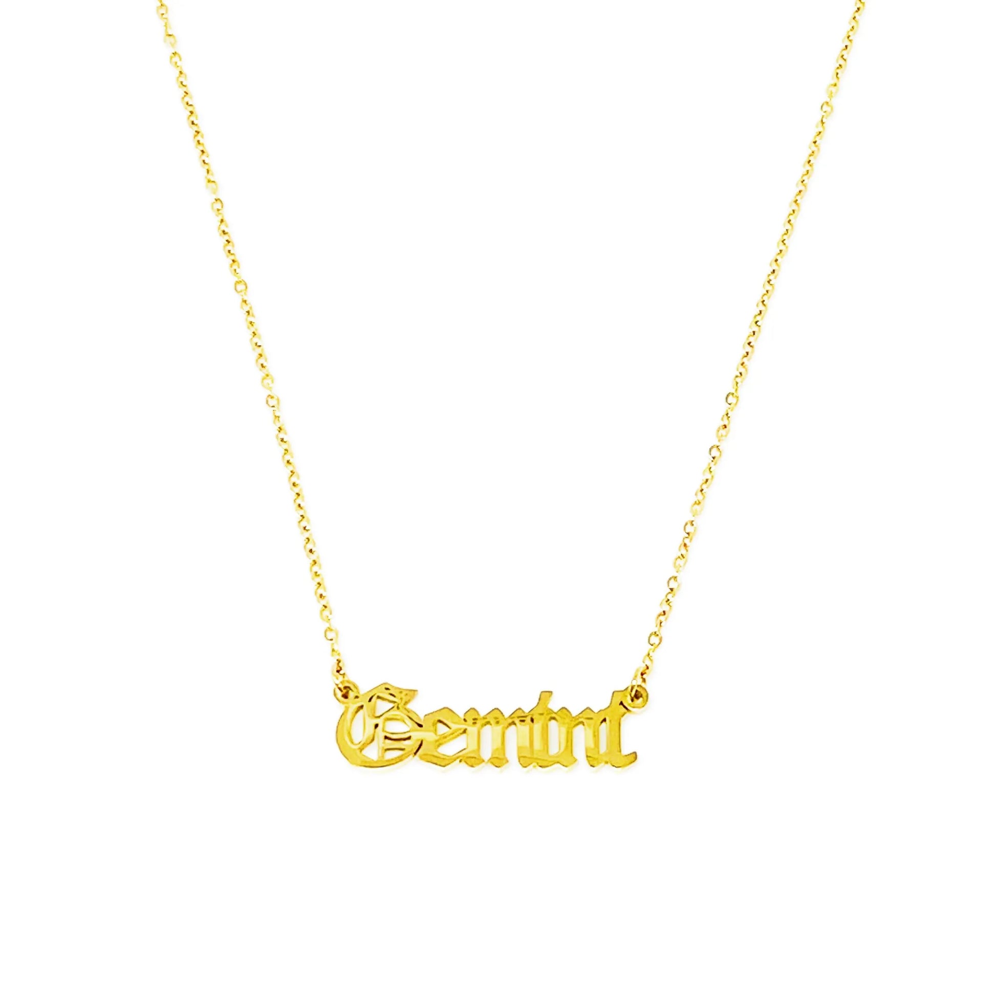 Gold Old English Zodiac Gemini Necklace with astrology lettering on white background for Carpe Diem Dream