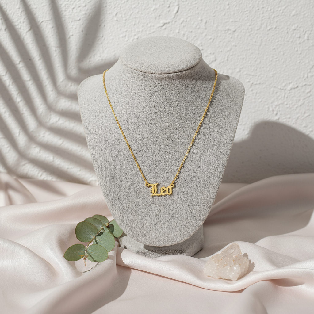 Gold Old English Zodiac Leo Necklace with astrology lettering on botanical pink silk travertine background for Carpe Diem Dream